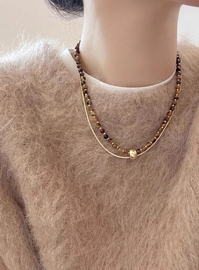 美拉德虎眼石双层叠戴项链女小众设计感毛衣链2024年新款爆款颈链