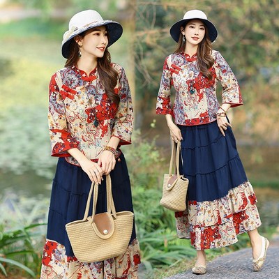 新中式复古改良唐装盘扣旗袍棉麻上衣两件套大码胖MM民族风茶服女