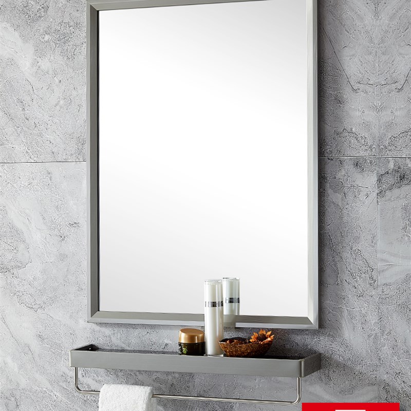 普通卫浴镜卫生间镜子带置物架轻奢银色不锈钢包边浴室镜壁挂定制