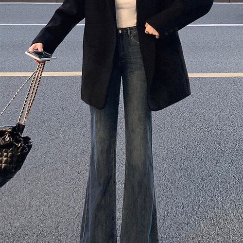 蓝灰色微喇牛仔裤女秋季新款大尺码胖mm高腰宽松显瘦梨形身材阔腿