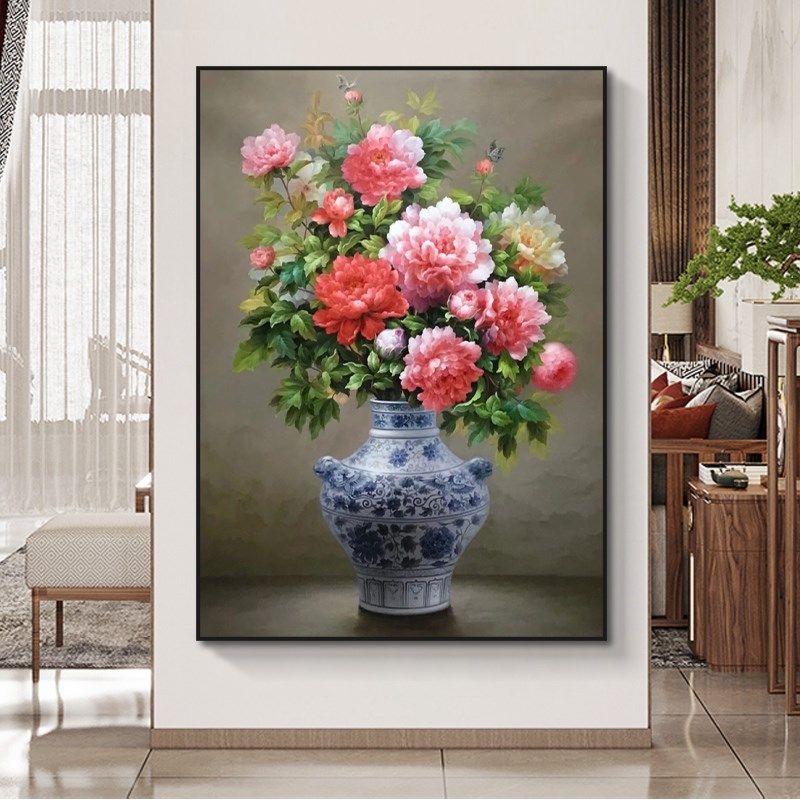 新中式手绘油画h牡丹花挂画国风青花瓷花卉玄关装饰画客厅餐厅壁图片