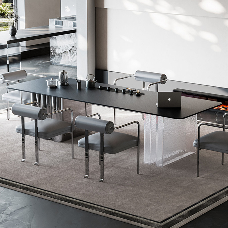 意式轻奢茶桌椅组合压克力阳台茶桌现代简约办公室不锈钢岩板茶台
