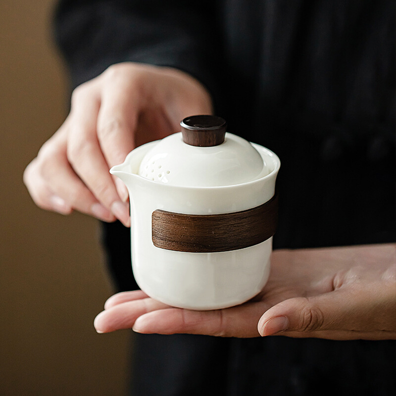 羊脂玉白瓷盖碗茶杯单个高档带盖带过滤家用茶具泡茶器防烫手抓壶