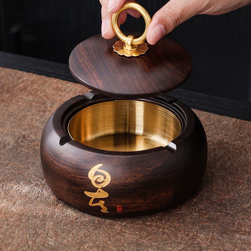 黑檀木烟灰缸中式实木带盖大号个性创意花梨木家用客厅防飞灰送礼