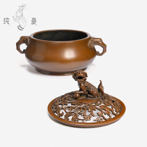 庆松堂苏工铜炉名家胡庆松制狮钮象耳熏炉复古紫铜炉线香盘香熏香