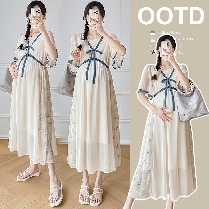 大码孕妇短袖连衣裙夏季新中式时髦碎花遮肚宽松雪纺长裙子200斤