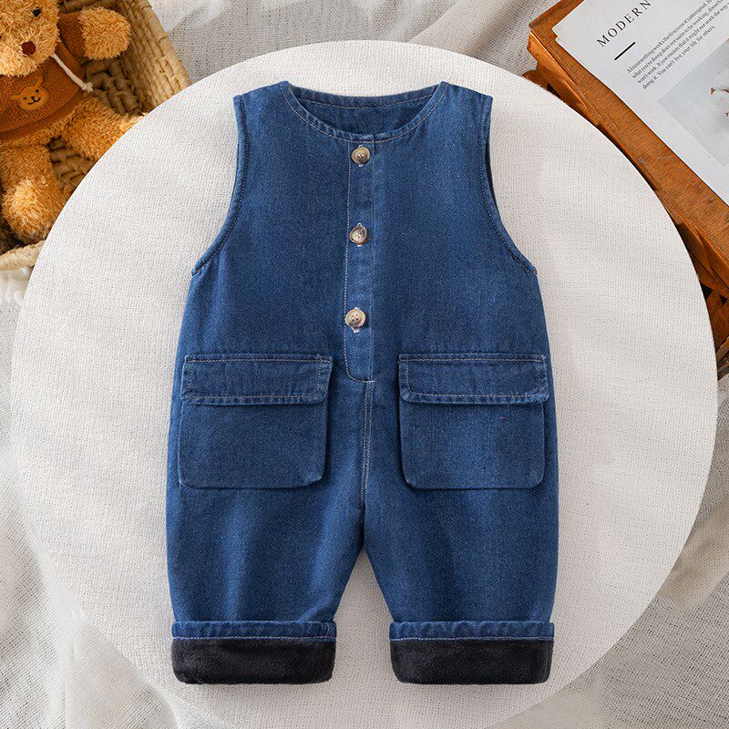 婴儿牛仔背带裤秋冬加绒加厚宝宝韩版高腰护肚裤子前开式儿童冬装