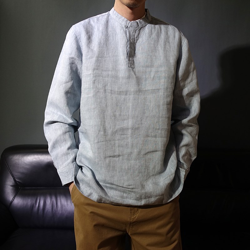 中国风薄款立领纯亚麻套头唐装衬衫男款中山装禅服休闲宽松衬衣