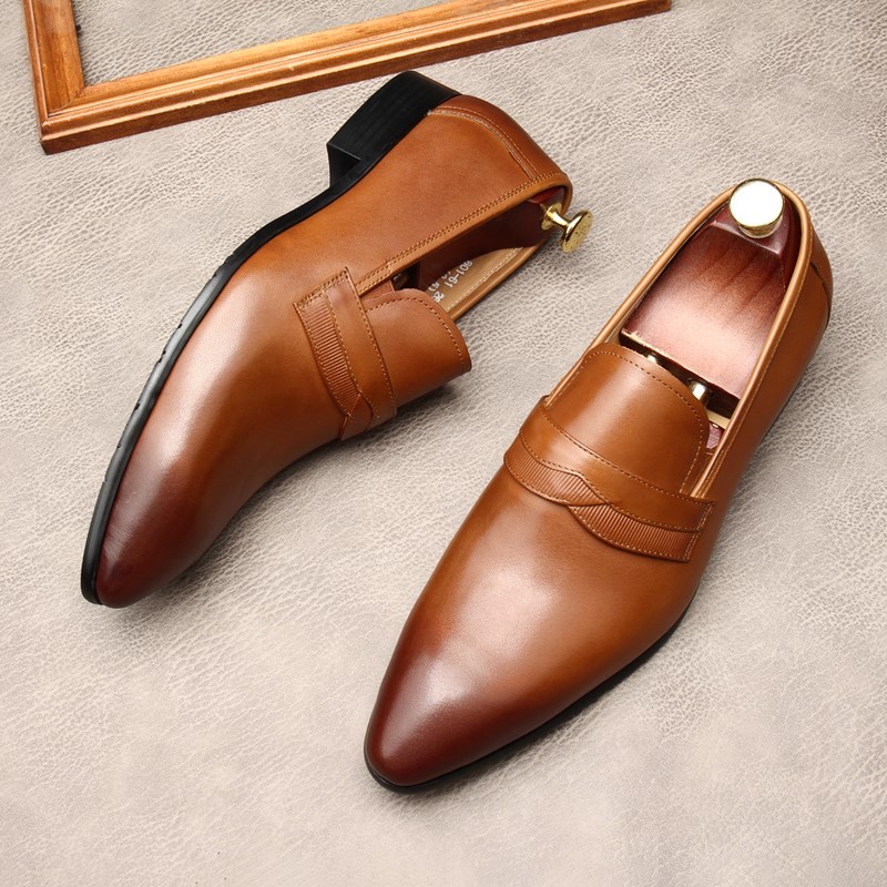 尖头皮鞋男英伦修身真皮透气商务正装鞋一脚蹬男鞋头层牛皮婚宴鞋