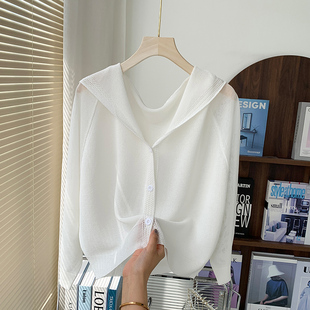 冰丝针织衫女开衫宽松披肩防晒罩衫小个子薄款白色连帽外套女上衣
