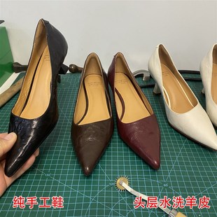 一腳蹬尖頭單鞋 手工羊皮黑色高跟鞋 女鞋 r新款 通勤細(xì)跟淺口貓跟鞋