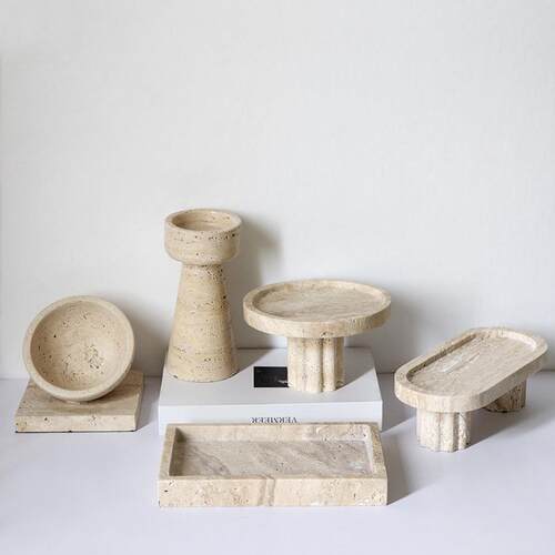 轻奢Wabi-Sabi大理石黄色石灰华托盘高水果盘餐桌甜品盘入口储物