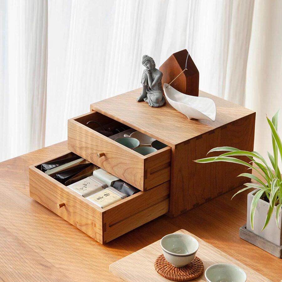 及木茶具杯具桌面桌上带抽屉实木小收纳柜樱桃木黑胡桃简约QT024