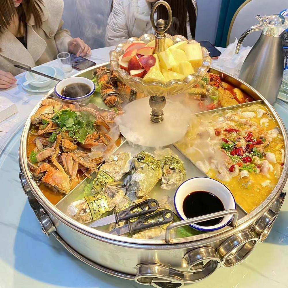 海鲜大咖盘龙虾盘不锈钢海鲜锅餐厅饭店创意拼盘圆形家用加热盘子
