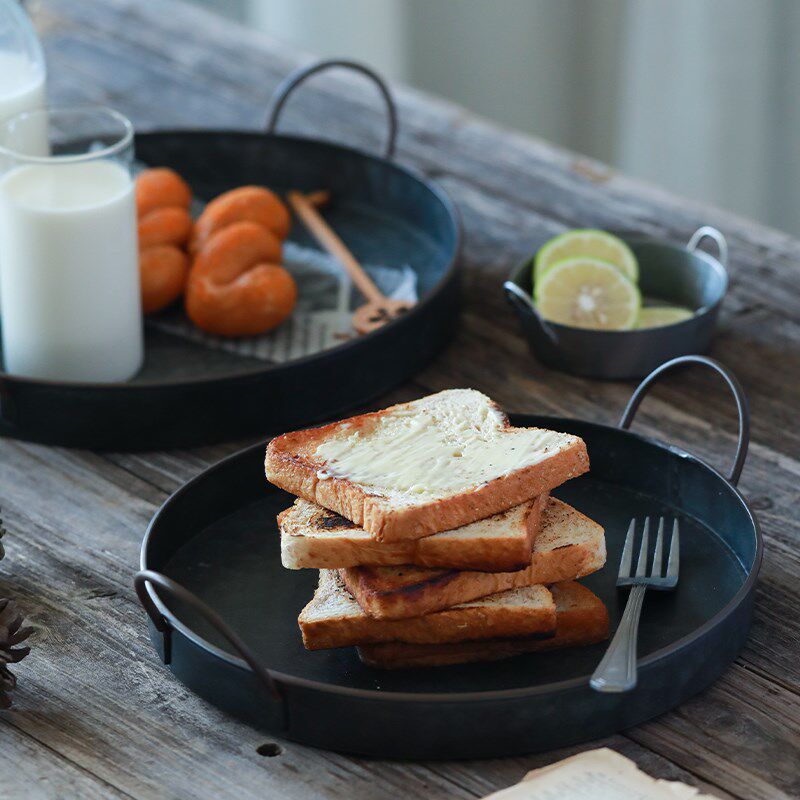 复古个性家居做旧调性铁艺圆形耳托盘欧式水果盘子美食摆盘摆拍
