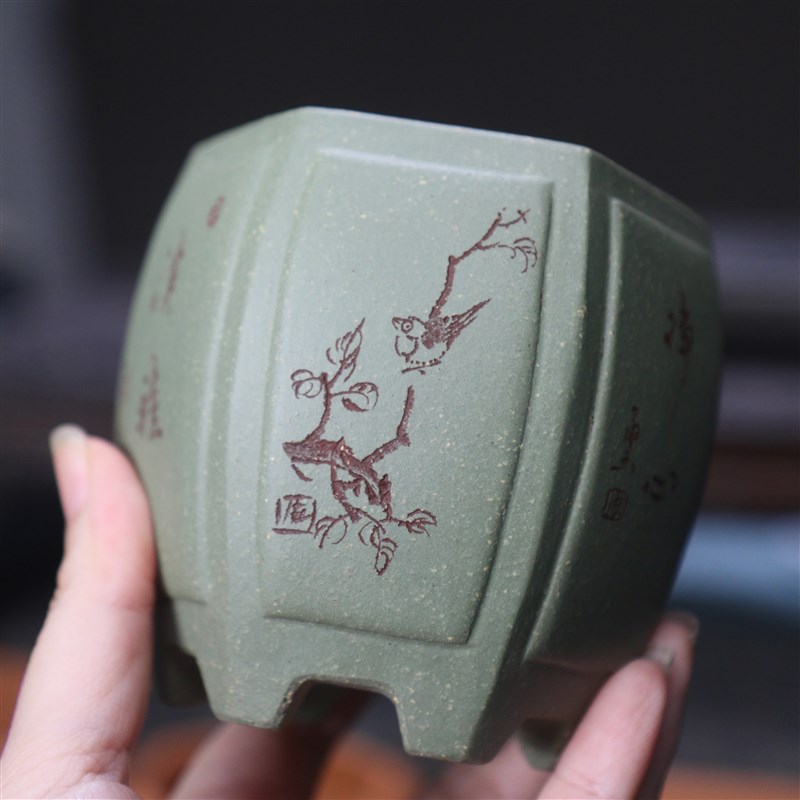 紫砂花盆刻绘小盆手工盆景盆绿泥降坡泥苏兵名家盆六方形宫灯盆