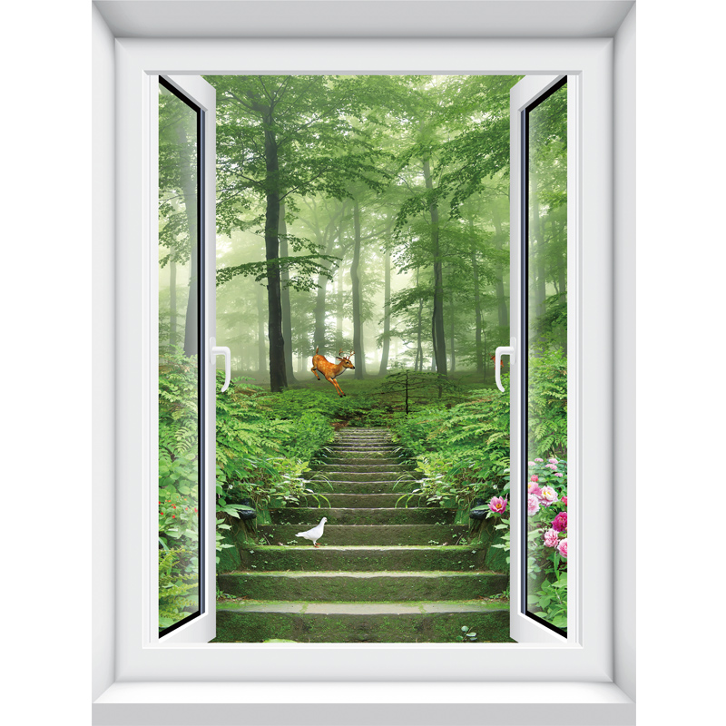竖款D仿真假窗户自粘贴纸防水墙贴画装饰森林风景竹林瀑布墙壁纸