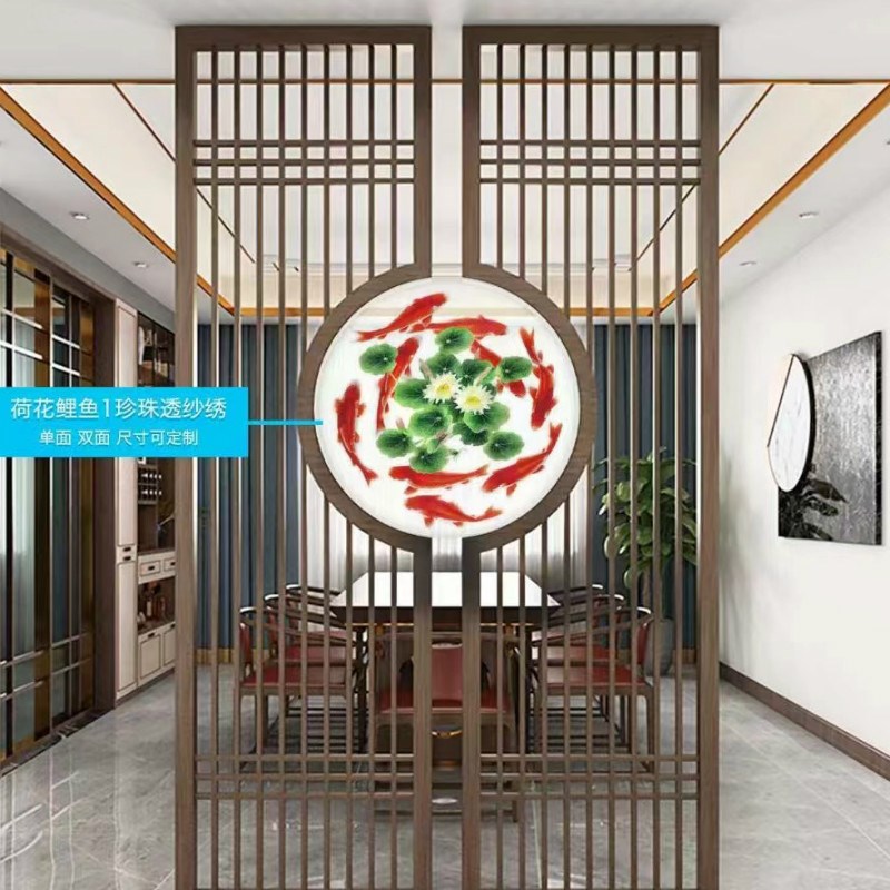 定制单双面刺绣荷叶莲莲装饰画入户玄关轻奢圆形挂画客厅餐厅背景图片