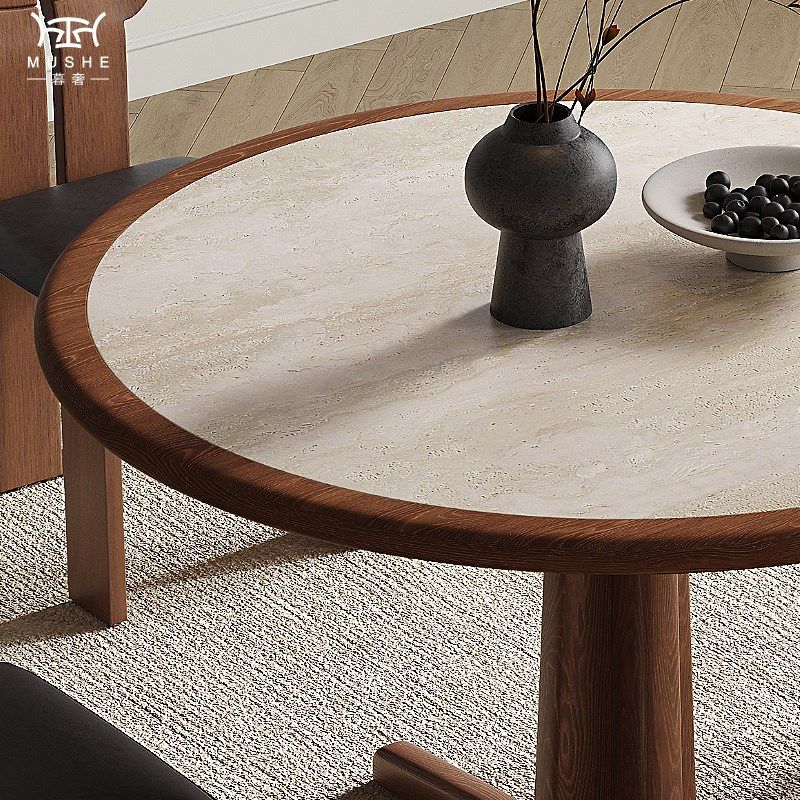暮奢法式复古洞石岩板实木内嵌餐桌家用圆形饭桌设计师中古风餐桌,住宅家具,岩板餐桌,淘宝优惠券,粉丝福利购,淘宝优惠卷