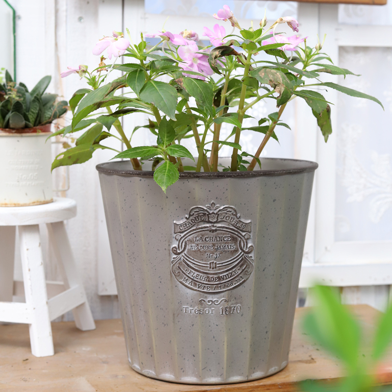 艺品园艺 做旧防铁皮条纹圆形加厚树脂花盆 加大字母花桶盆景盆