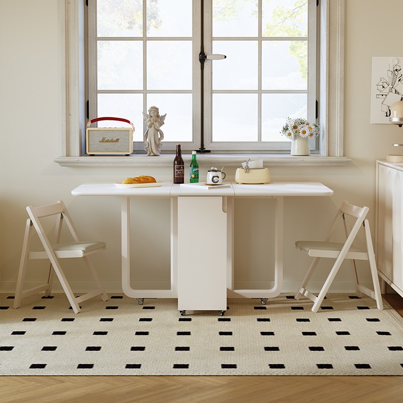 可折叠桌子家用小户型奶油风长方形实木岩板多功能移动伸缩餐桌