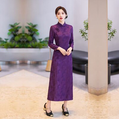 紫色旗袍改良版连衣裙妈妈长袖春秋装结婚宴日常可穿高级感加大码