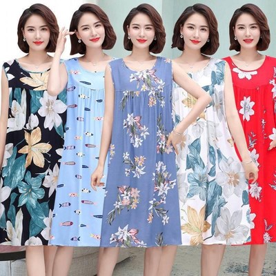 老人衣服奶奶纯棉j睡衣夏季中老年人棉绸睡裙睡衣女士棉绸连衣裙