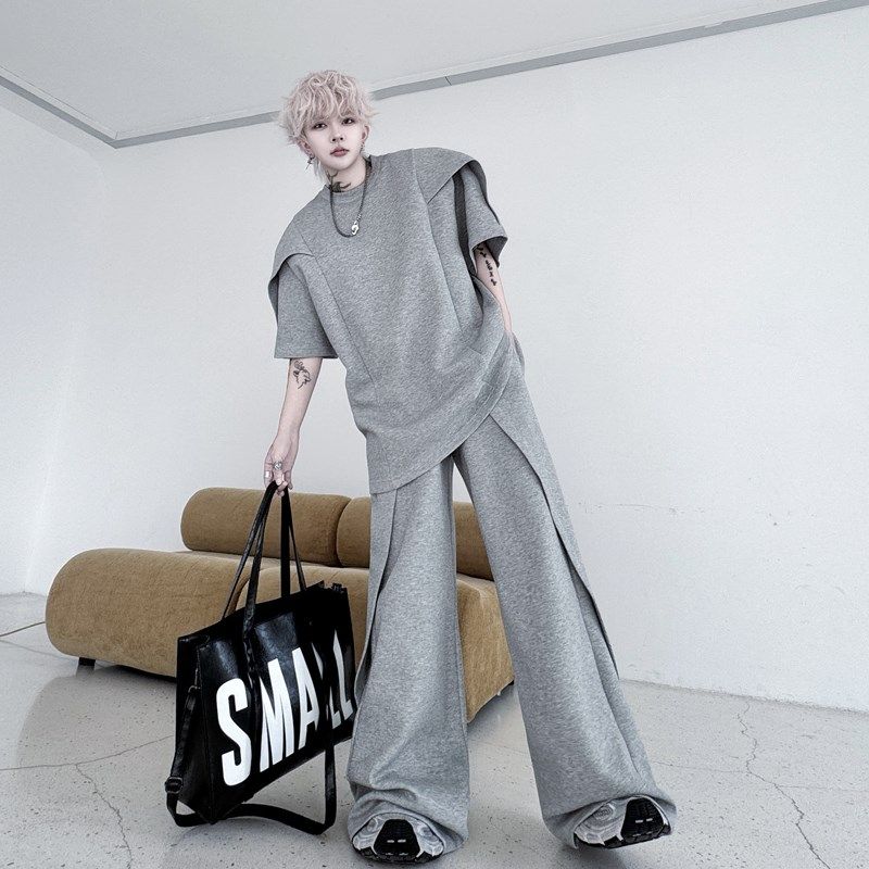 美式高街活页裁剪小众结构设计感短袖卫衣套装男阔腿裤卫裤两件套