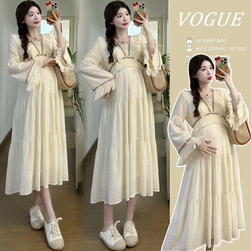 孕妇春装孕后期宽松显瘦过膝长裙民族风减龄潮妈裙春季孕妇连衣裙
