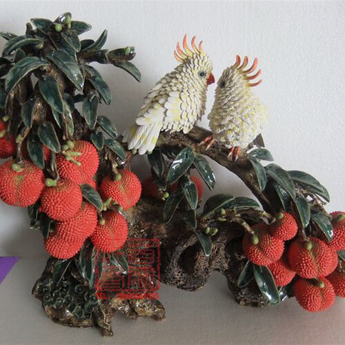 陶瓷工艺品 石湾公仔 荔枝 鹦荔呈祥 玄关 电视柜