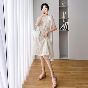 重工刺绣图案女潮 拼接网纱百褶中长款 孕妇连衣裙夏季 百搭圆领时尚