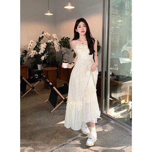 春夏过膝沙滩长裙收腰显瘦小个子轻奢高级感白色吊带连衣裙女