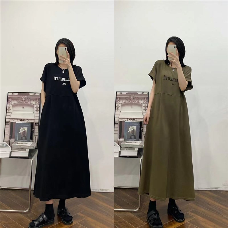 大码女装t恤裙2024夏季新款胖mDm长款过膝大码显瘦休闲短袖连衣裙