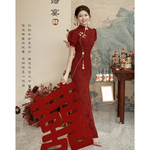 红色旗袍敬酒服新娘中式订婚连衣裙出阁宴礼服女日常2023新款夏季