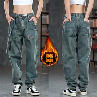 秋冬潮牌拼接复古加绒工装牛仔裤男美式阿美咔叽宽松大码直筒长裤