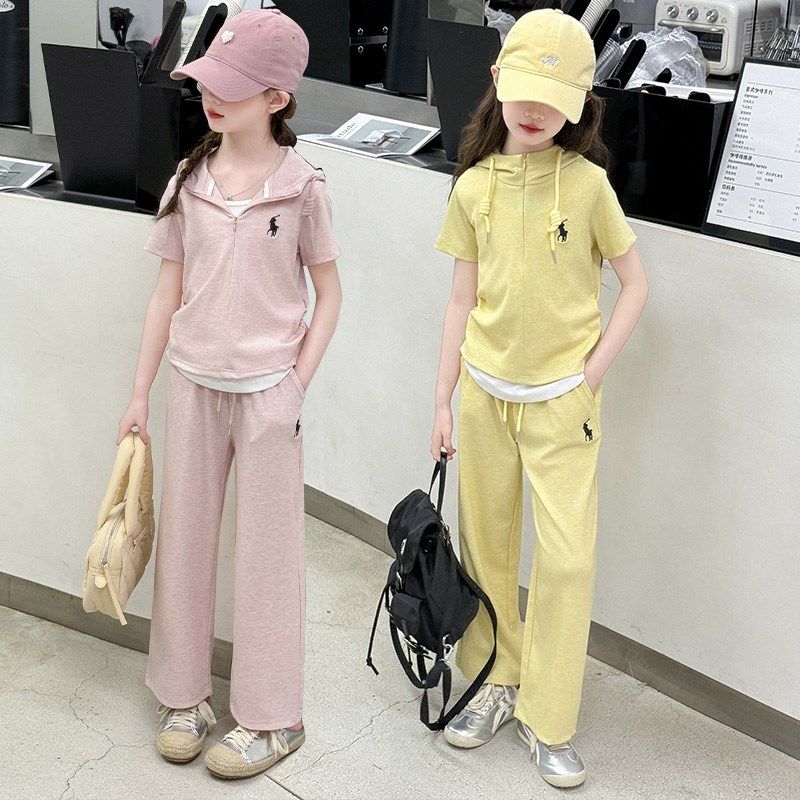 女童洋气连帽卫衣套装2025夏季韩国女孩假两件阔腿裤运动两件套潮,童装/婴儿装/亲子装,套装,淘宝优惠券,粉丝福利购,淘宝优惠卷