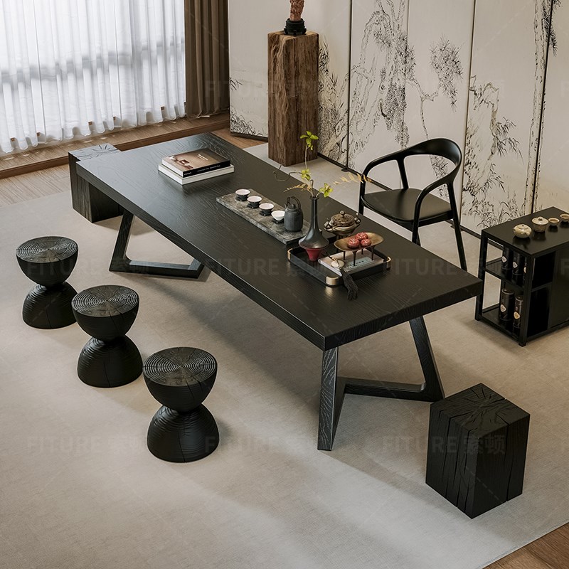 实木茶桌侘寂风禅意茶桌茶台黑色高级感大板桌书桌茶桌一体两用桌