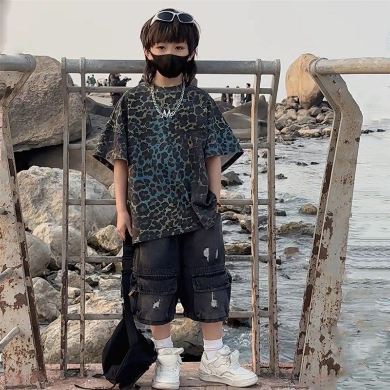 夏季男女大童高街潮酷豹纹短袖T恤宽松半袖衫街舞洋气上衣表演服