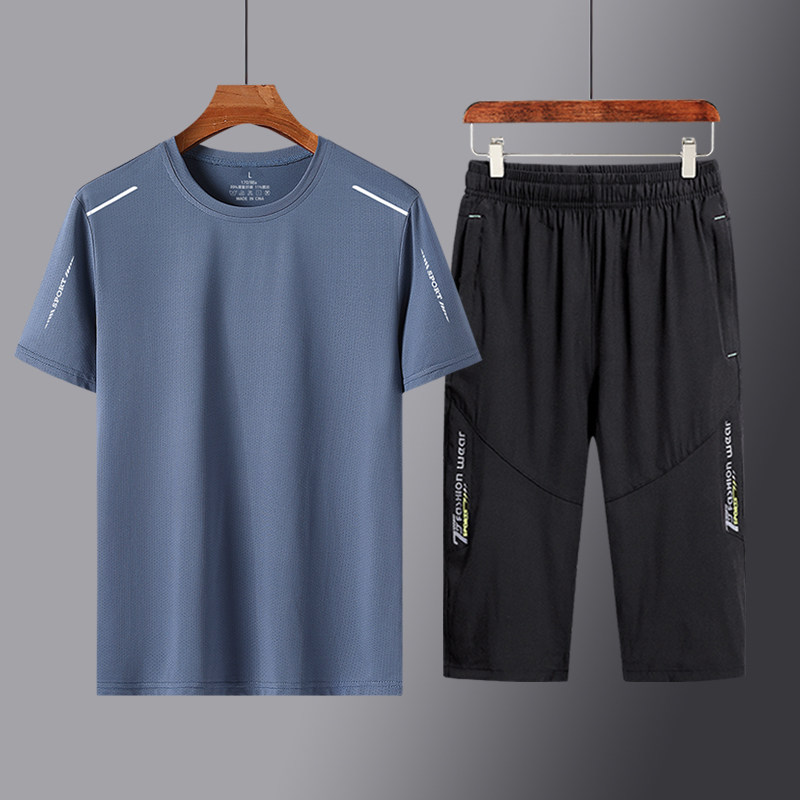 爸爸短袖t恤男夏季冰丝衣服宽松休闲半袖 中老年夏装速干运动套装