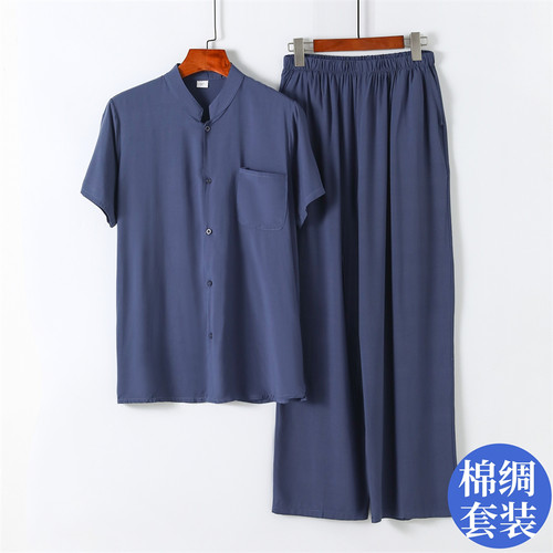 男士棉绸套装2023年夏季薄款立领开衫长裤爸爸短袖两件套爷爷上衣