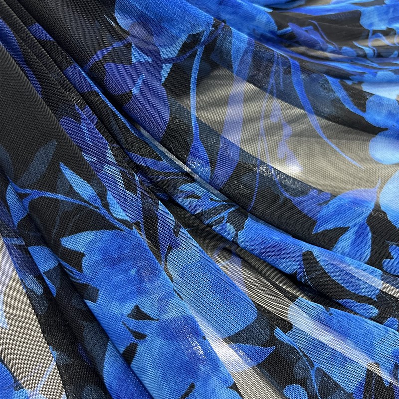 弹力网纱印花布料 透肉氨纶网黑底兰花连衣裙打底衫面料