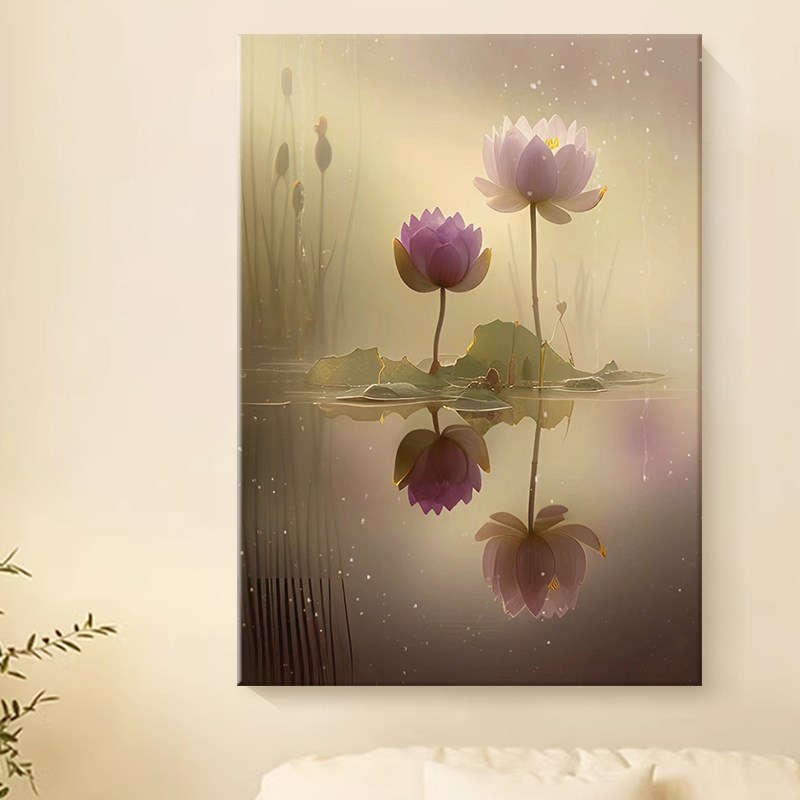 新中式荷花手f绘油画客厅玄关装饰画高级感睡莲叶餐厅酒店大堂挂图片