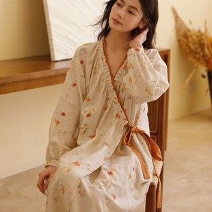 睡衣女春秋纯棉纱布国风石榴汉服长袖 睡裙 睡袍宽松孕妇家居服夏季