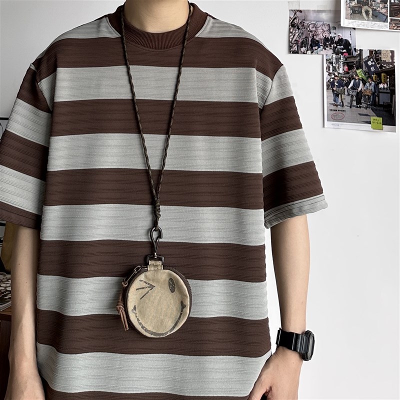 B东日系男装复古条纹短袖T恤男撞色设计夏季情侣休闲宽松五分袖