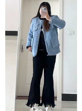 300斤特大码女装弹力牛仔裤女春夏流苏高腰显瘦胖m宽松毛边喇叭裤