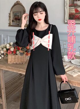 哺乳连衣裙外出时尚辣妈春秋季潮显瘦哺乳期产后长袖喂奶衣哺乳装