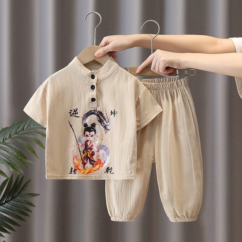 哪吒汉服男童夏季2025新款中国风古装棉麻儿童新中式薄款短袖套装,童装/婴儿装/亲子装,汉服,淘宝优惠券,粉丝福利购,淘宝优惠卷