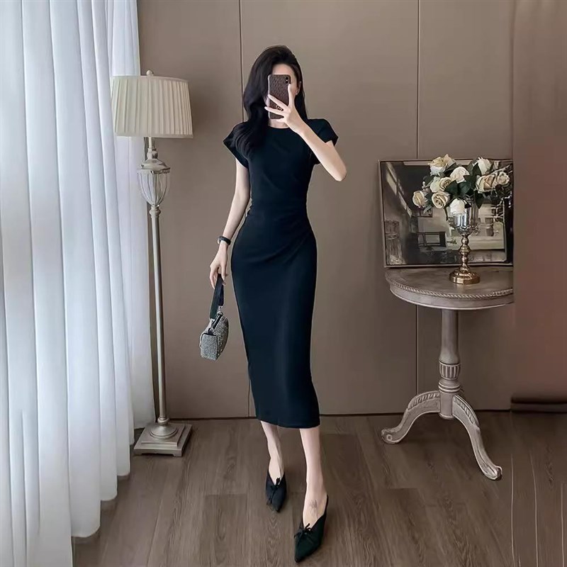 法式休闲t恤连衣裙女夏季2024新款修身收腰过膝长款包臀裙中长裙