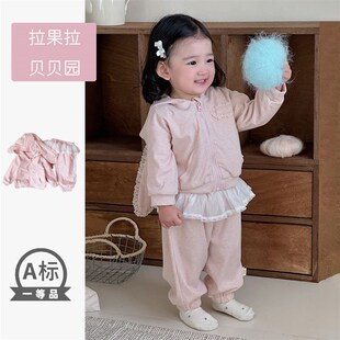 2025年春季女宝宝长袖分体两件套甜美小童外出服休闲花边兔耳套装