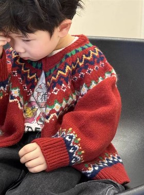 男女童红色圣诞拜年针织开衫儿童拉链毛衣宝宝冬季毛线衣加厚外套